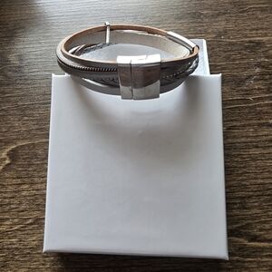 Silver and Gray Leather Bracelet